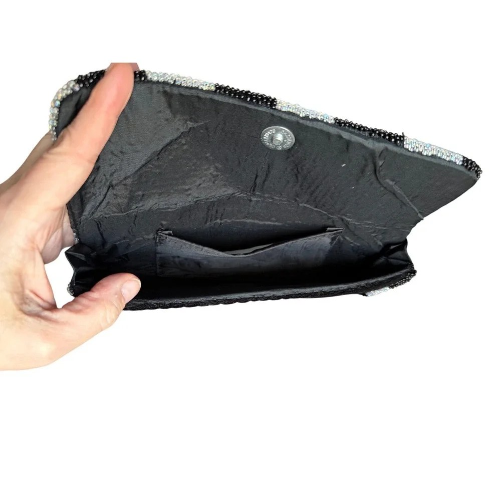 Vintage Black Velvet Beaded‎ Clutch Rhinestone Medallion Evening Bag Baguette